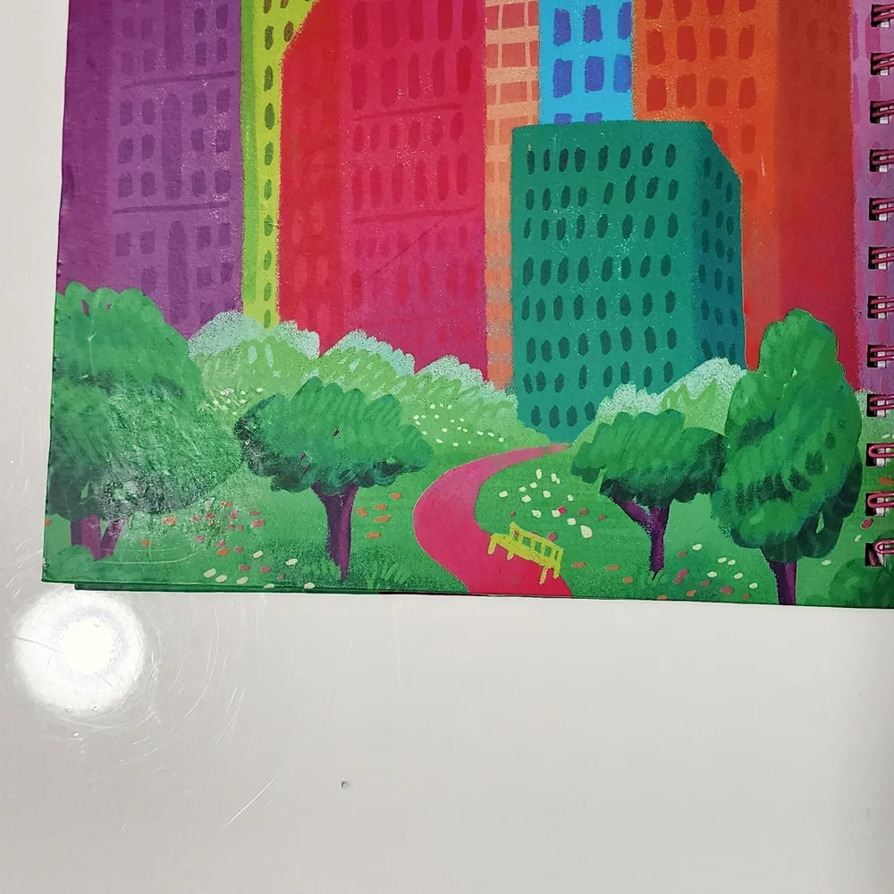 Mixed Media Sketchbook Notebook — Teal, Pink & Orange Cityscape